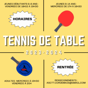 Lire la suite à propos de l’article Tennis de table – Horaires 2023/2024